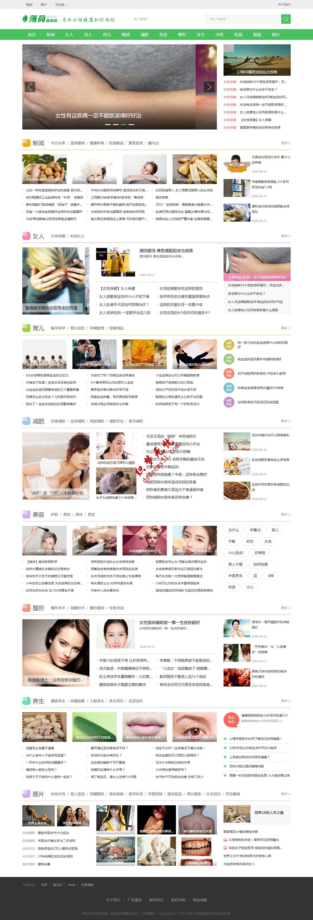 绿色清新女性健康营养养生博客图文资讯美文等新闻门户dede模板下载（带手机）