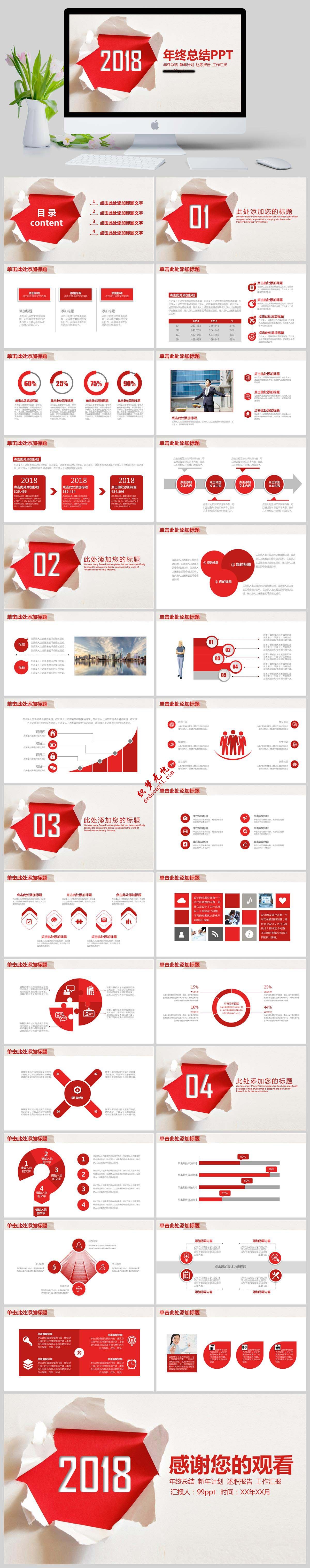 红色2018年年终总结新年计划述职报告工作汇报PPT模板下载
