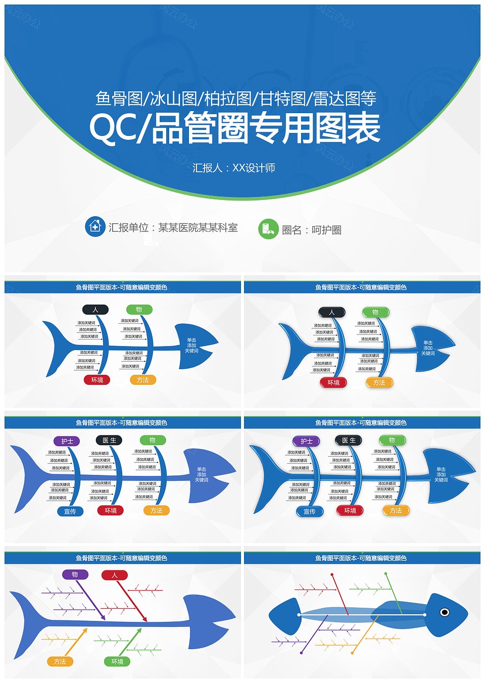 蓝色品管圈QC专用图表鱼骨图柏拉图冰山图甘特图PPT(图1)